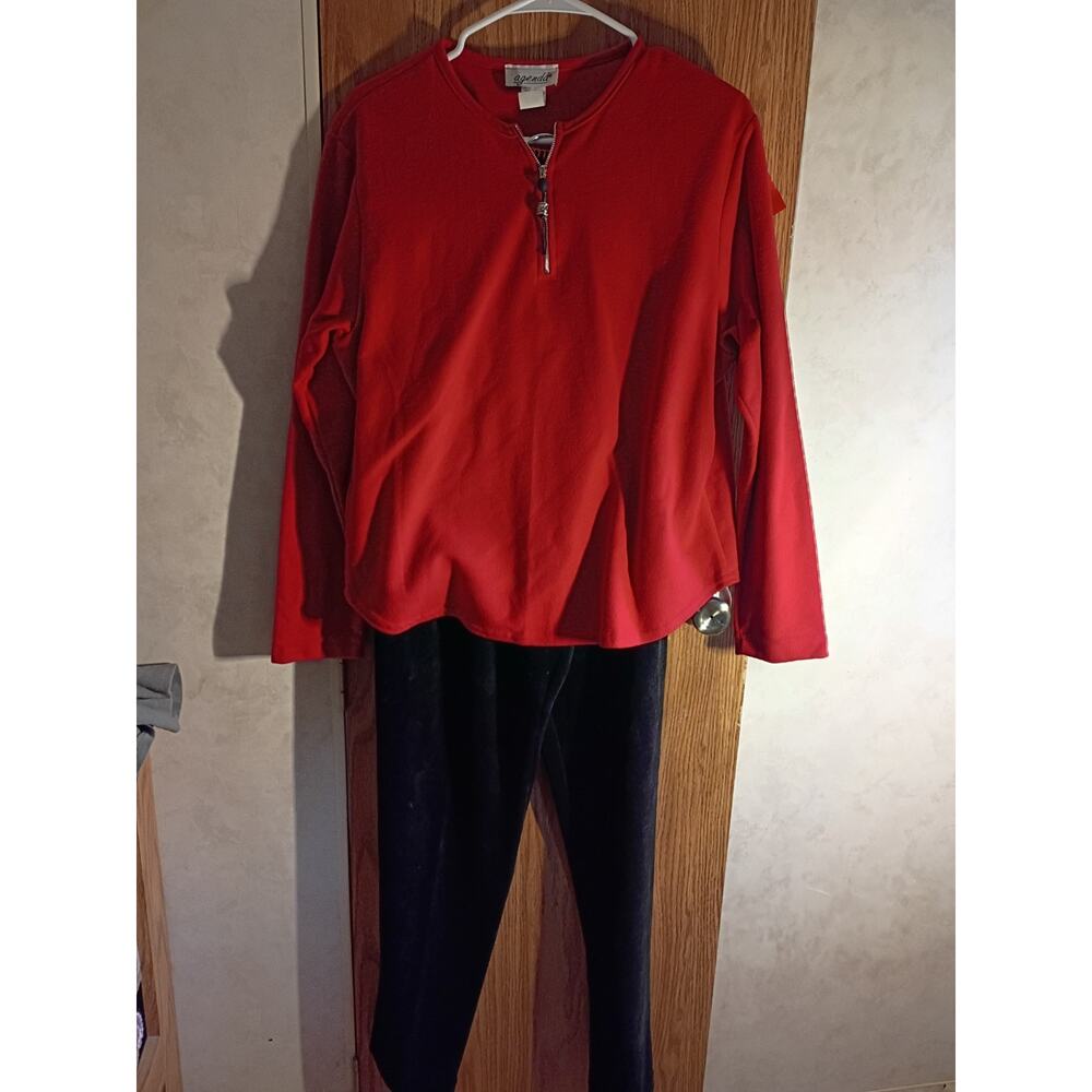 Vintage Velour Lounge Set 2 Pc Red Black Zip Top Pants USA Made Large Cozy